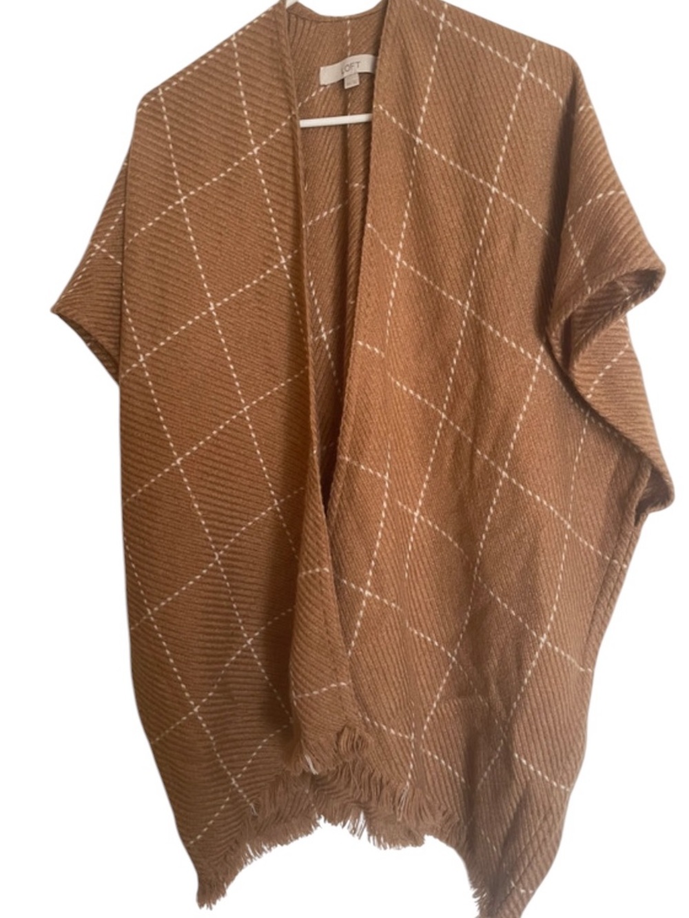 LOFT Camel Grid Pattern Fringed Open Front Poncho Ruana XS/S